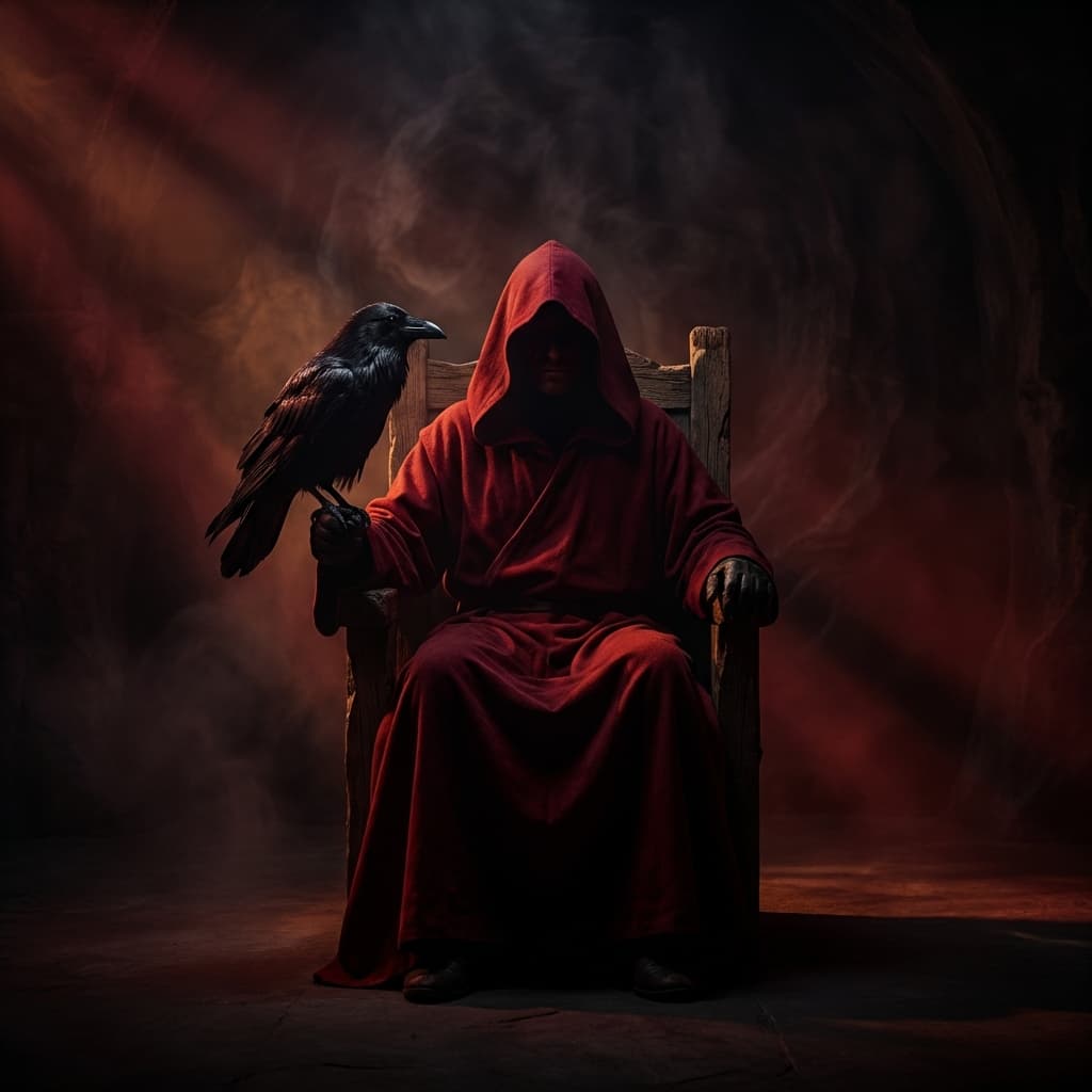 Hooded figure with raven